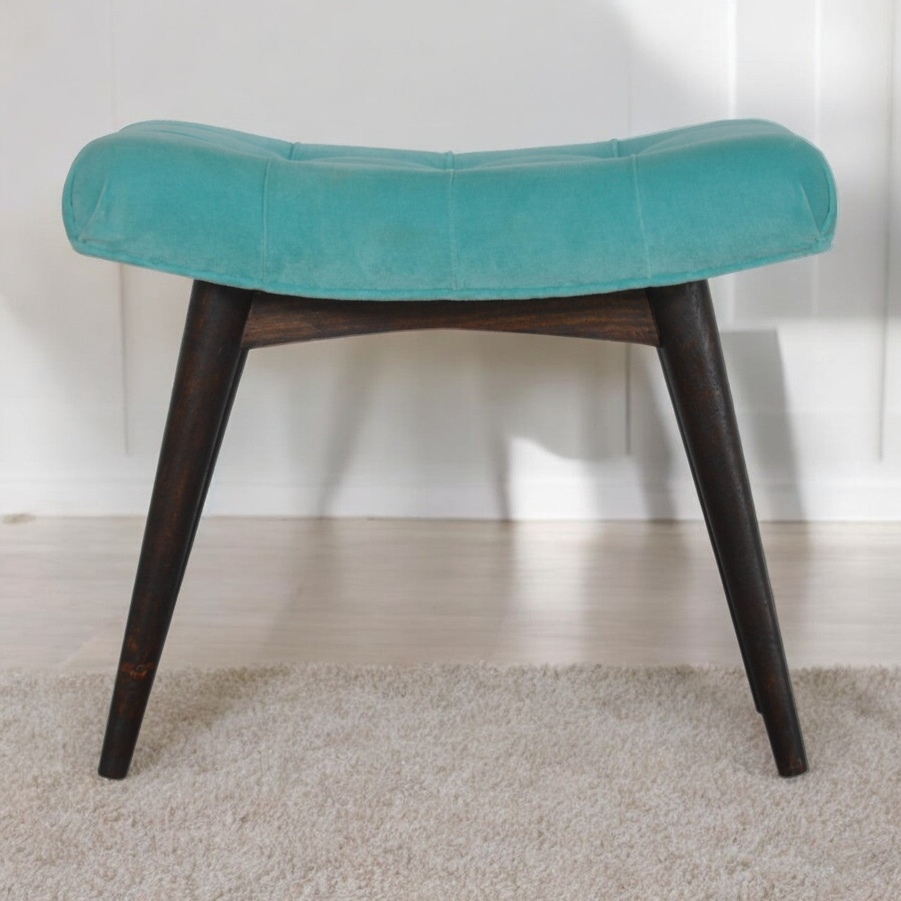Aqua Cotton Velvet Curved Bench Handmade Nordic Style Furniture