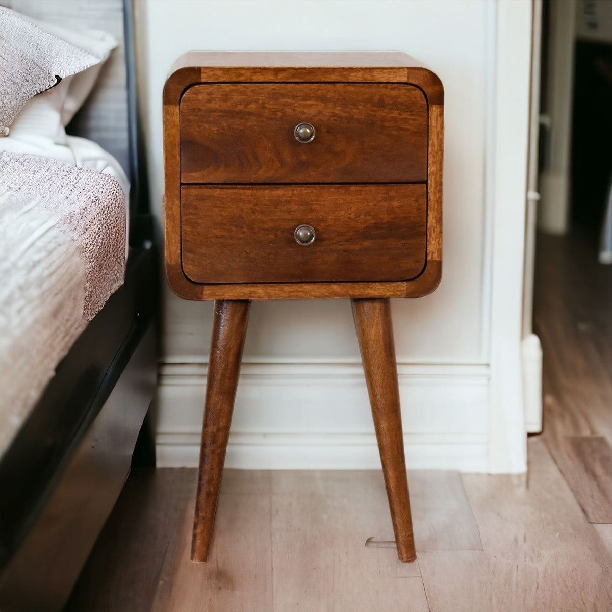Mini Chestnut Curved Bedside Table