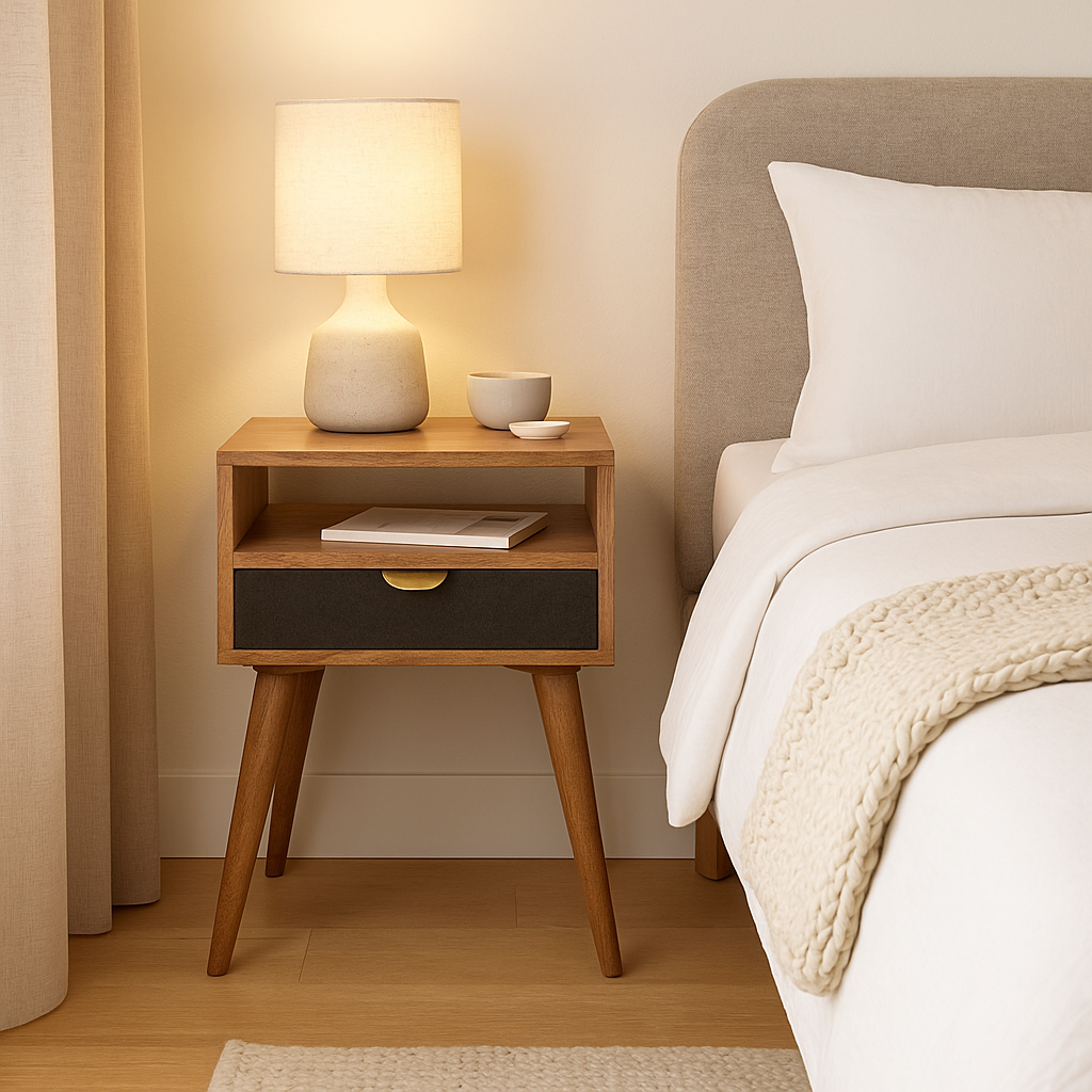Grey Tweed Bedside with Open Slot Bedside Table