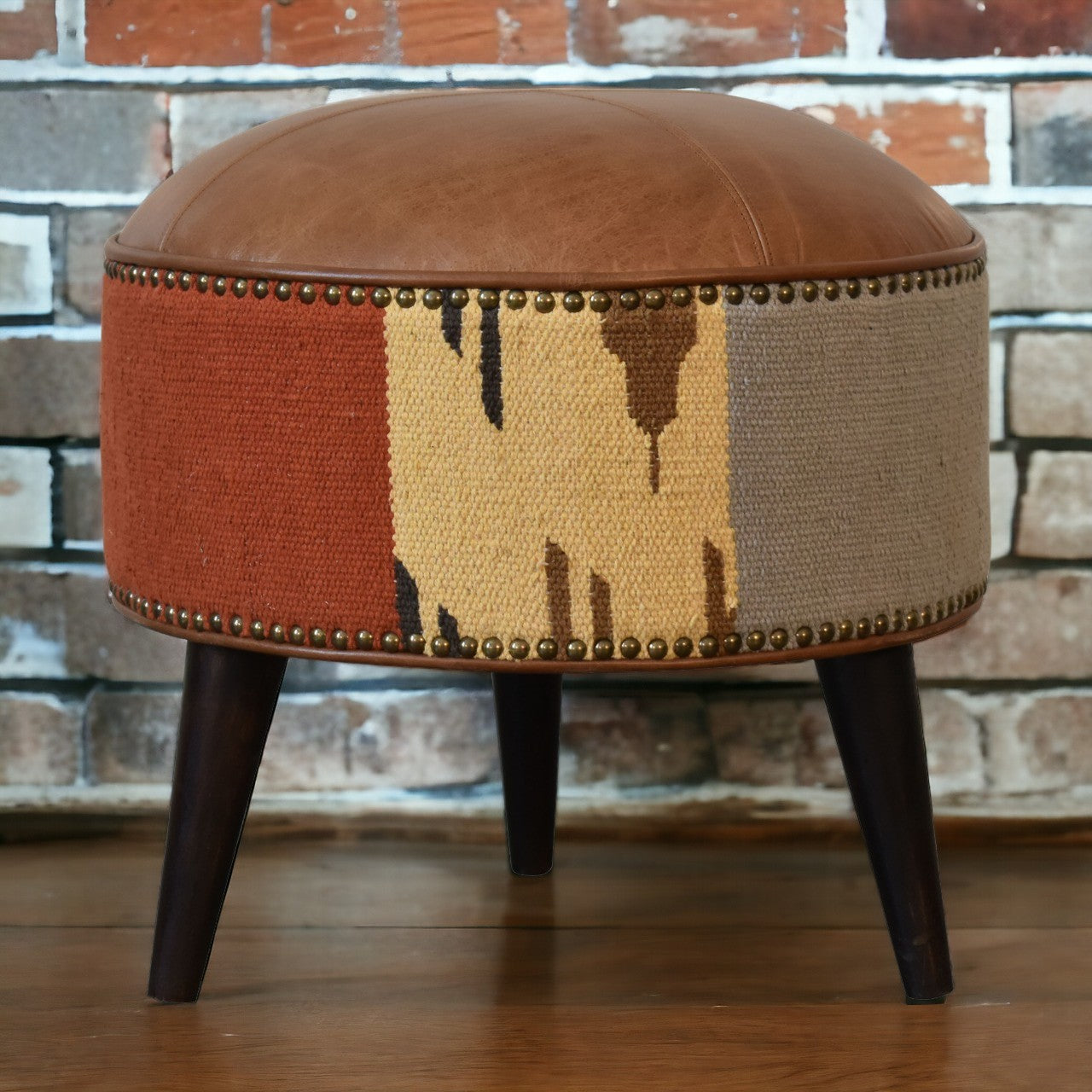Durrie & Leather Mixed Footstool