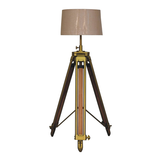 Brass Plated Wooden Floor Lamp with Tripod Teak Base