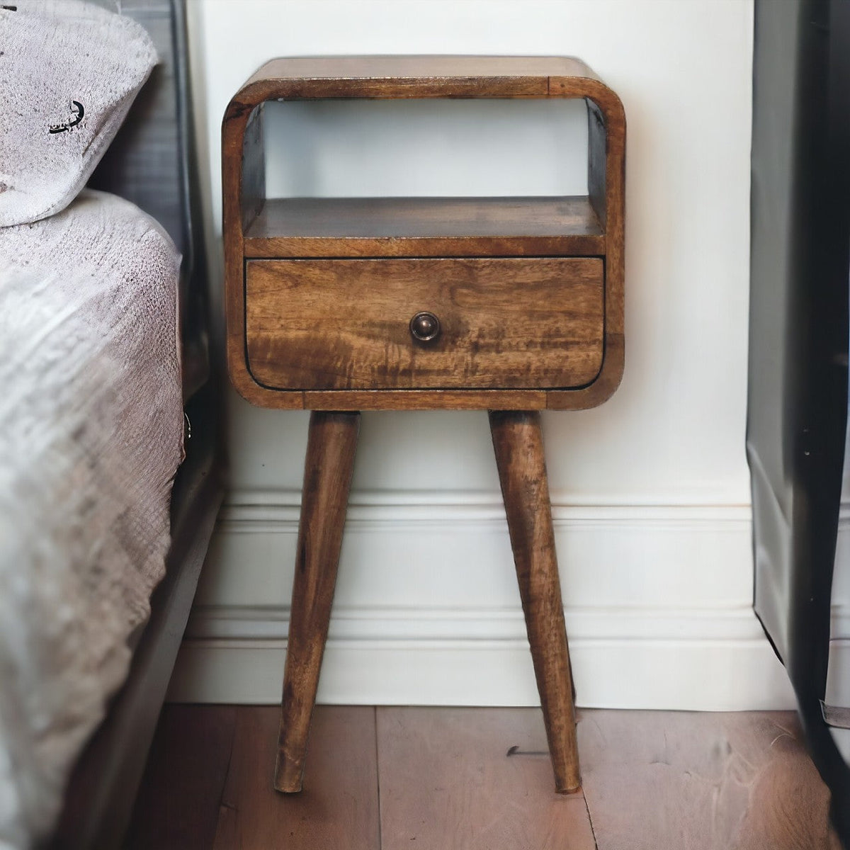 Mini Grey Wash Curve Open Bedside Table