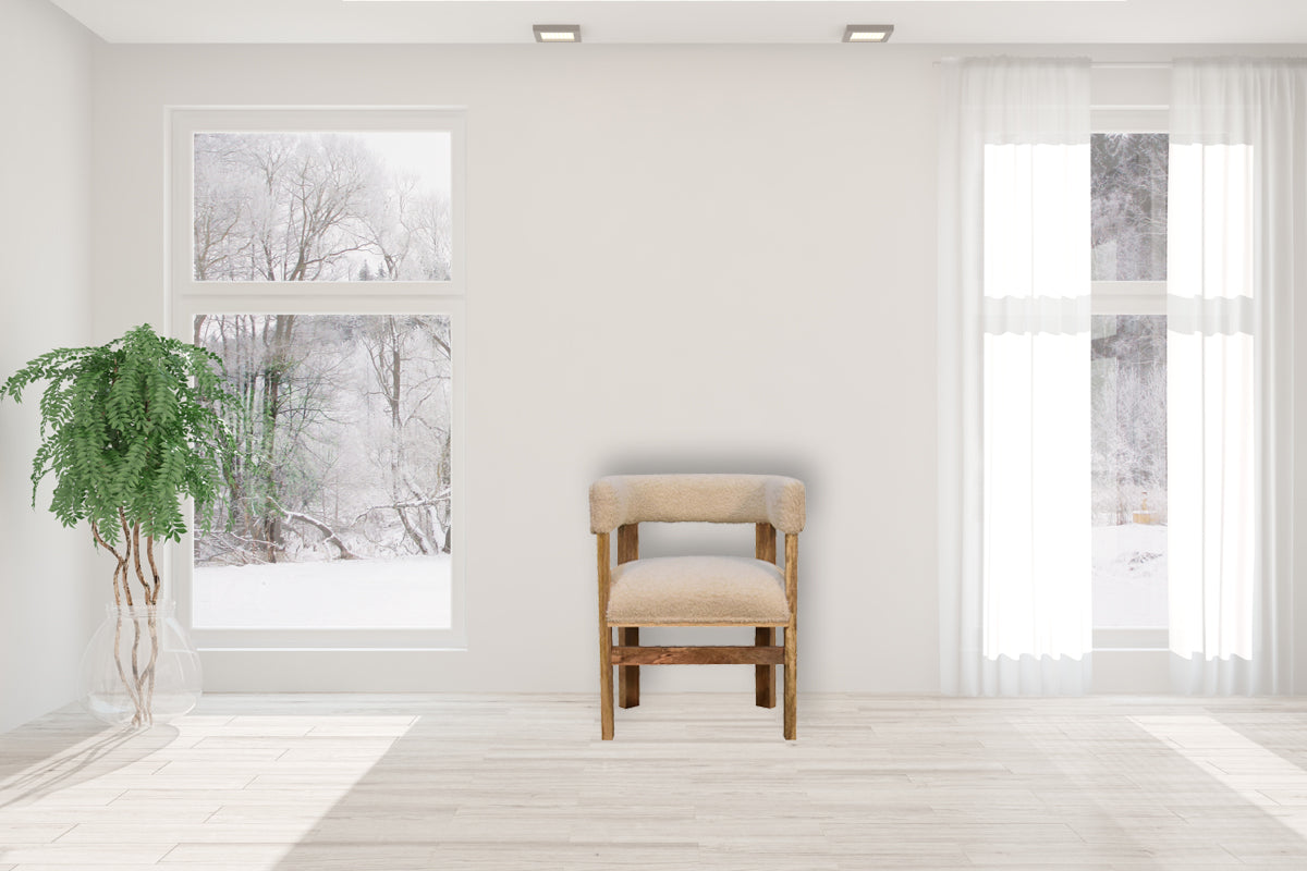 Cream Boucle Solid Wood Chair