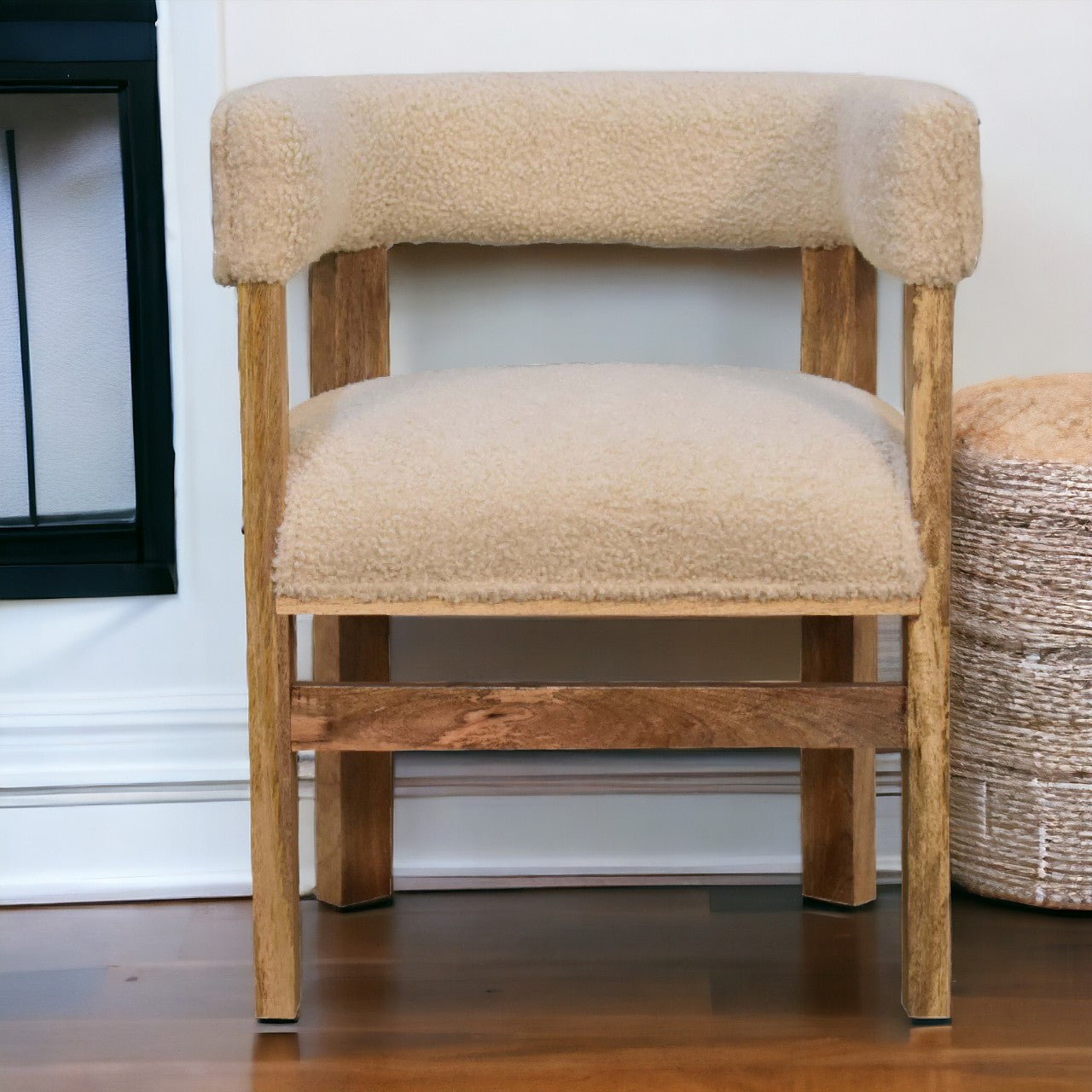 Cream Boucle Solid Wood Chair