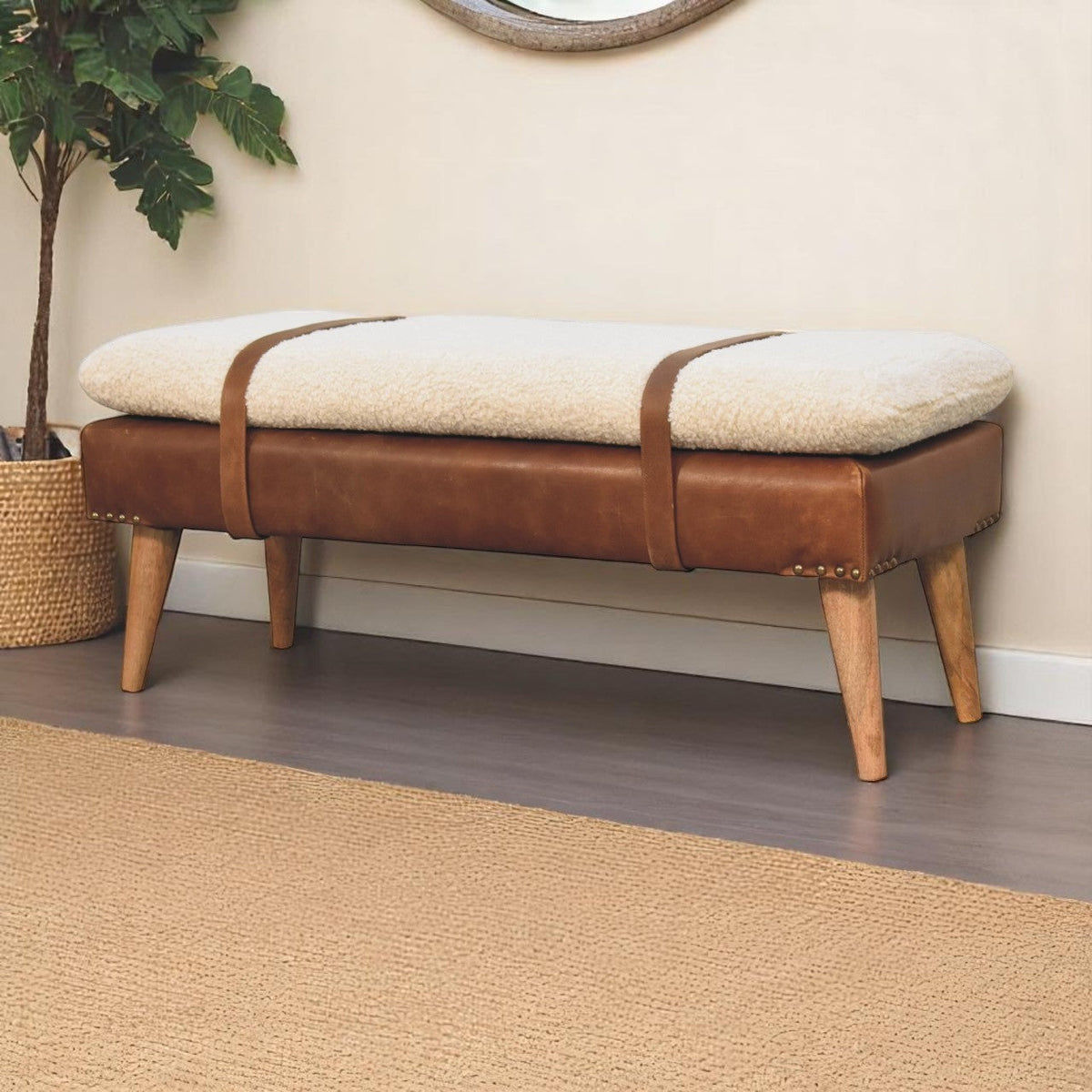 Bouclé Buffalo Hide Leather Bench