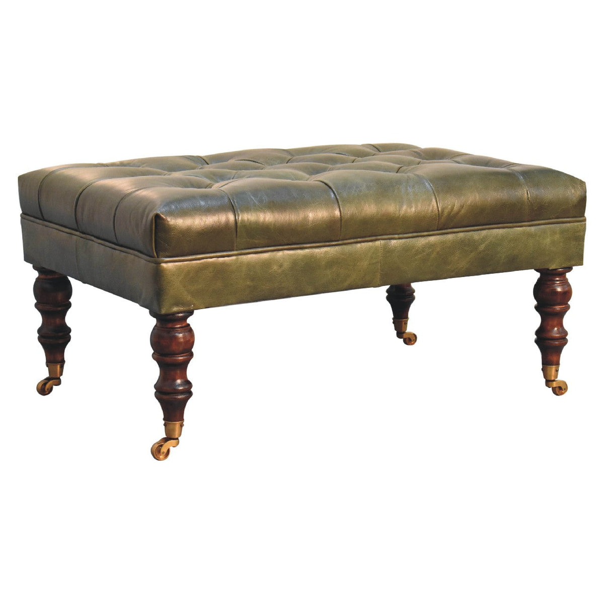 Buffalo Green Leather Ottoman with Castor Legs Storage Bench