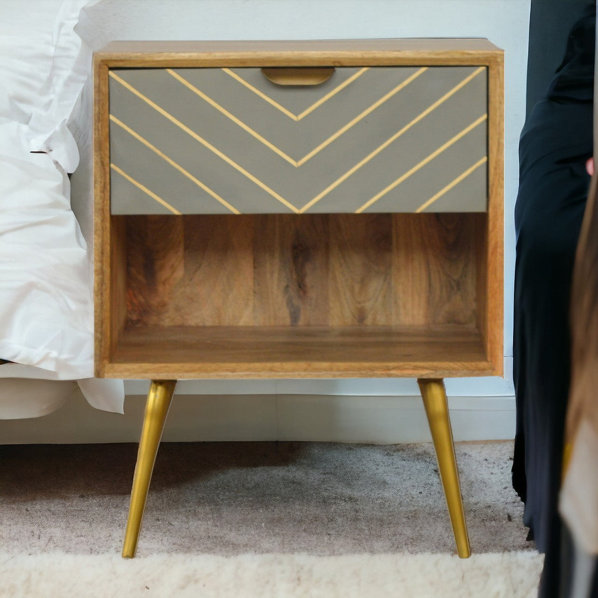 Cement Inlay Bedside with Open Slot Bedside Table