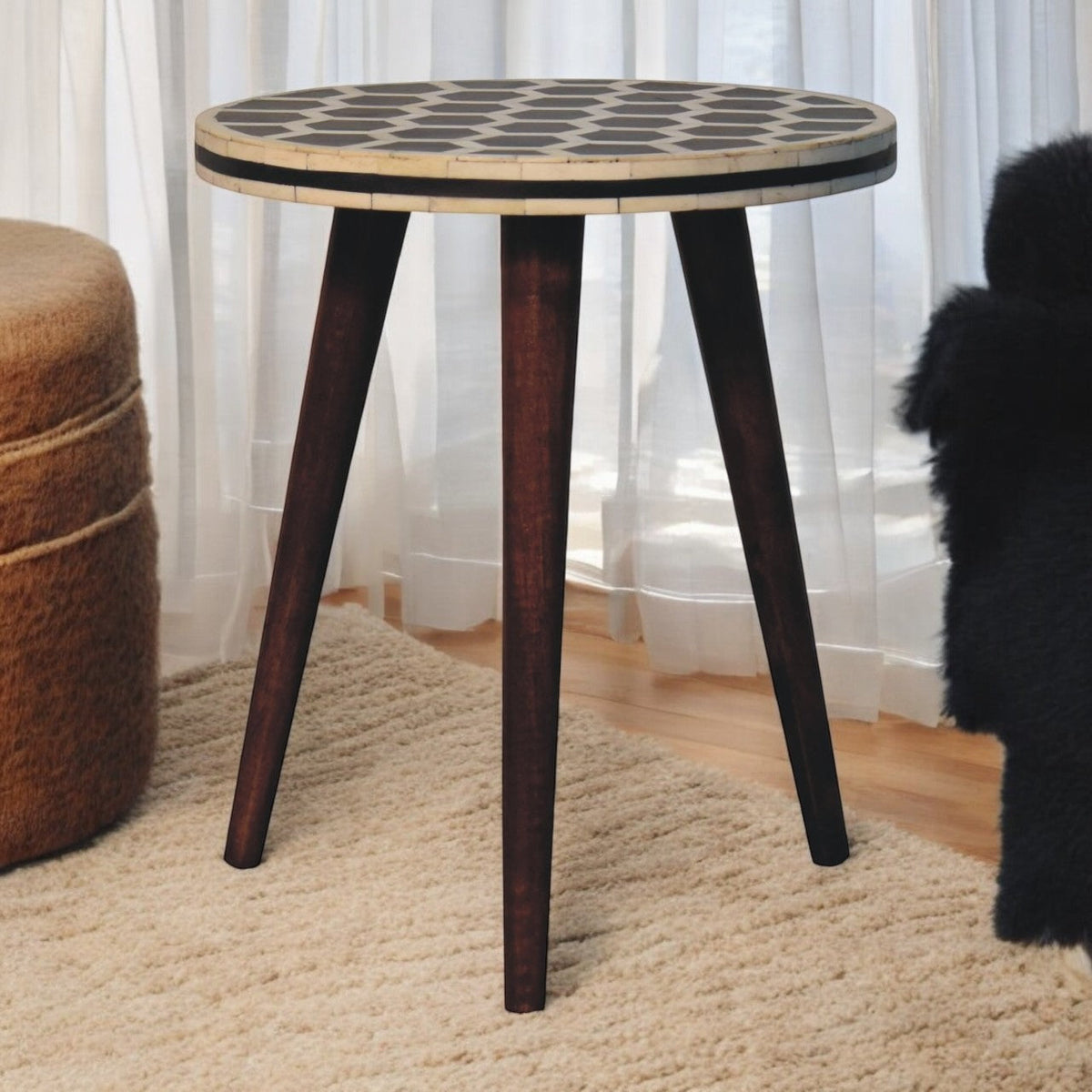 Bone Inlay Tripod Stool With Honey Caramel Finish Footstool
