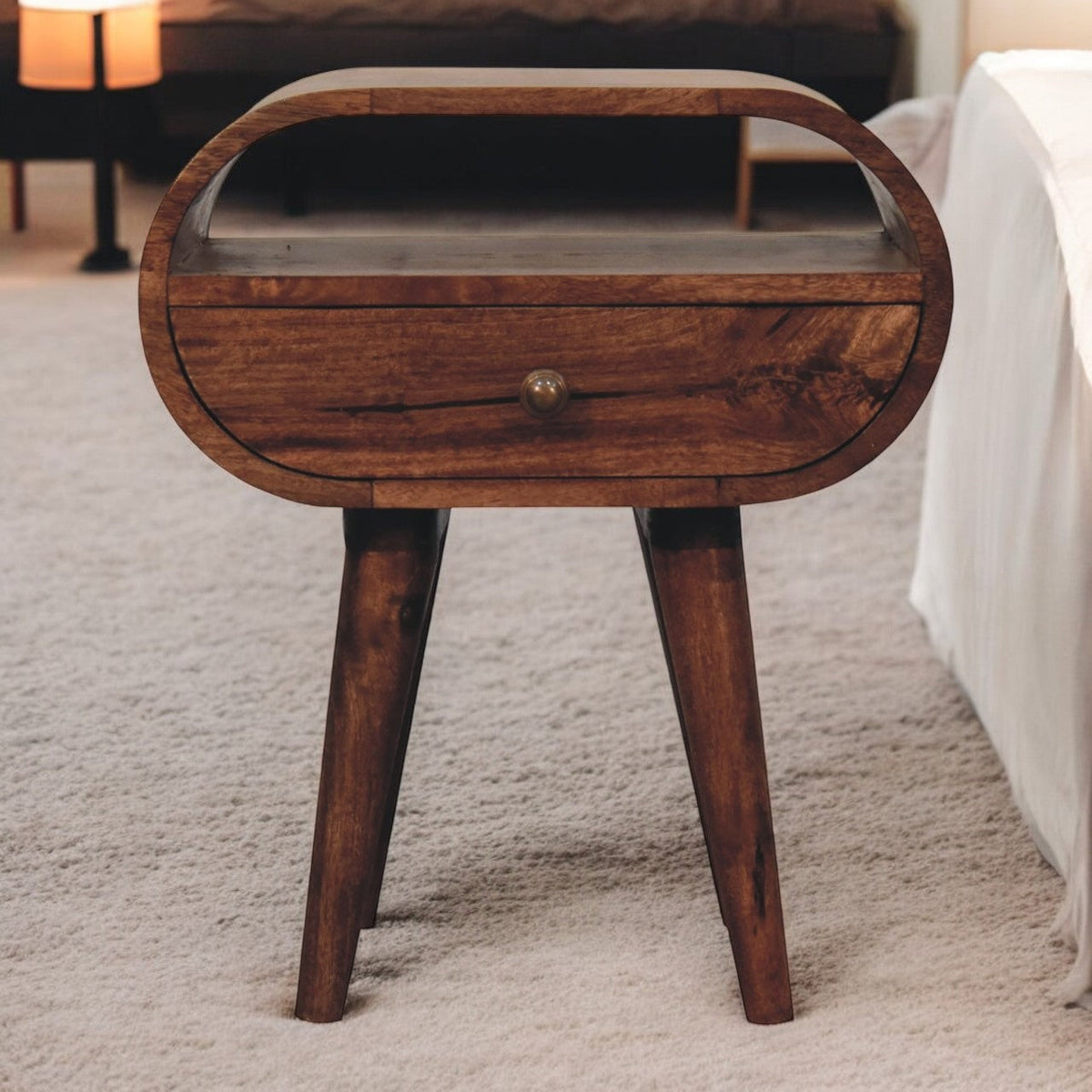 Honey Caramel Circular Bedside with Open Slot Bedside Table