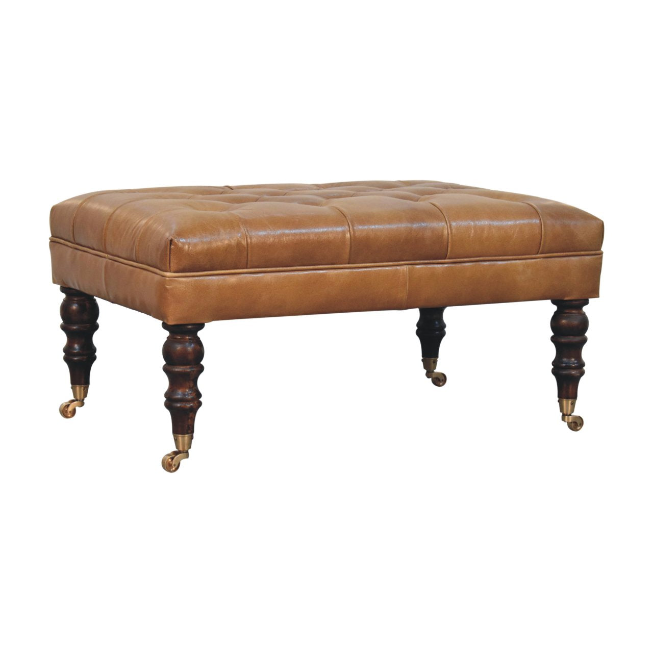 California Walnut Buffalo Brown Leather Ottoman with Castor Legs