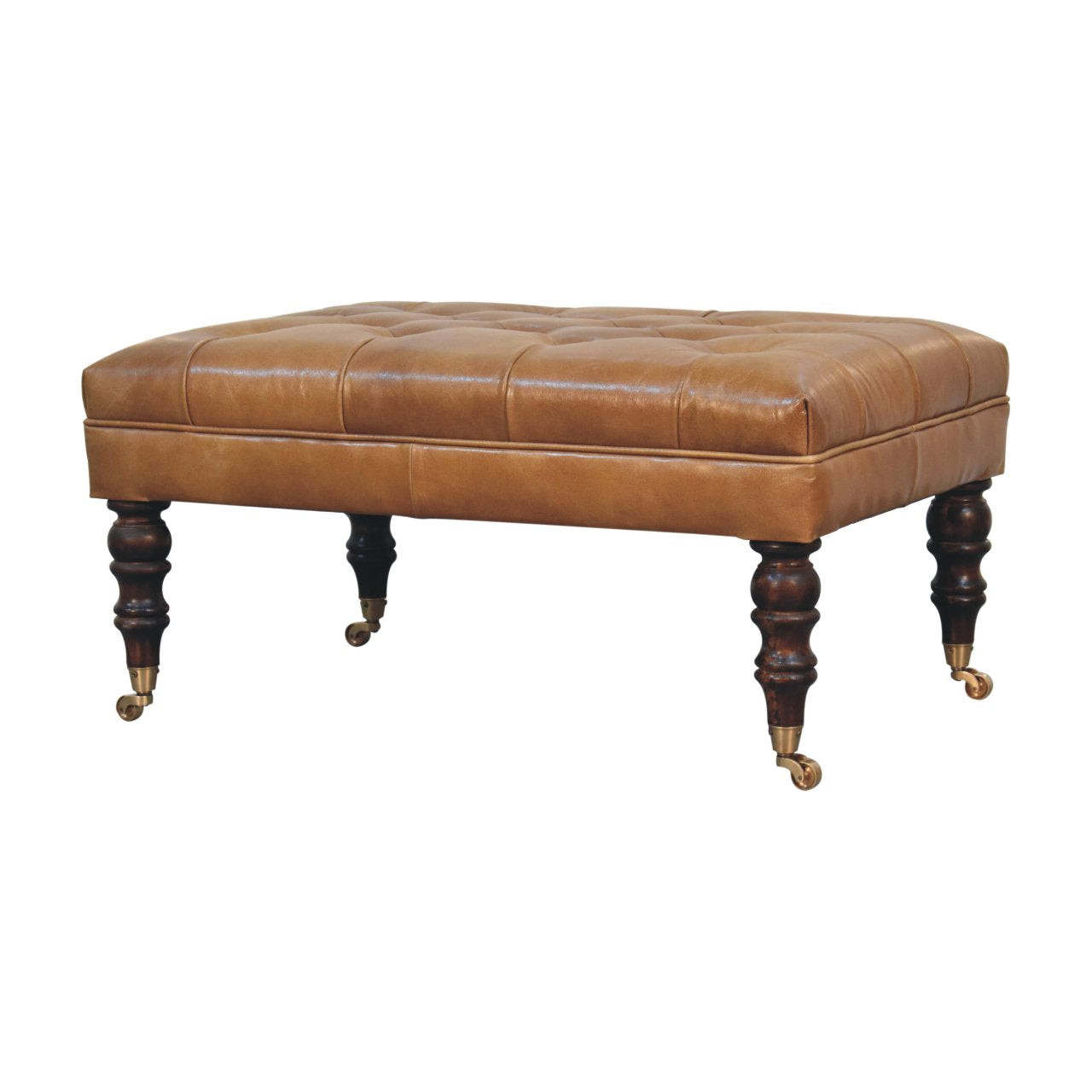 California Walnut Buffalo Brown Leather Ottoman with Castor Legs