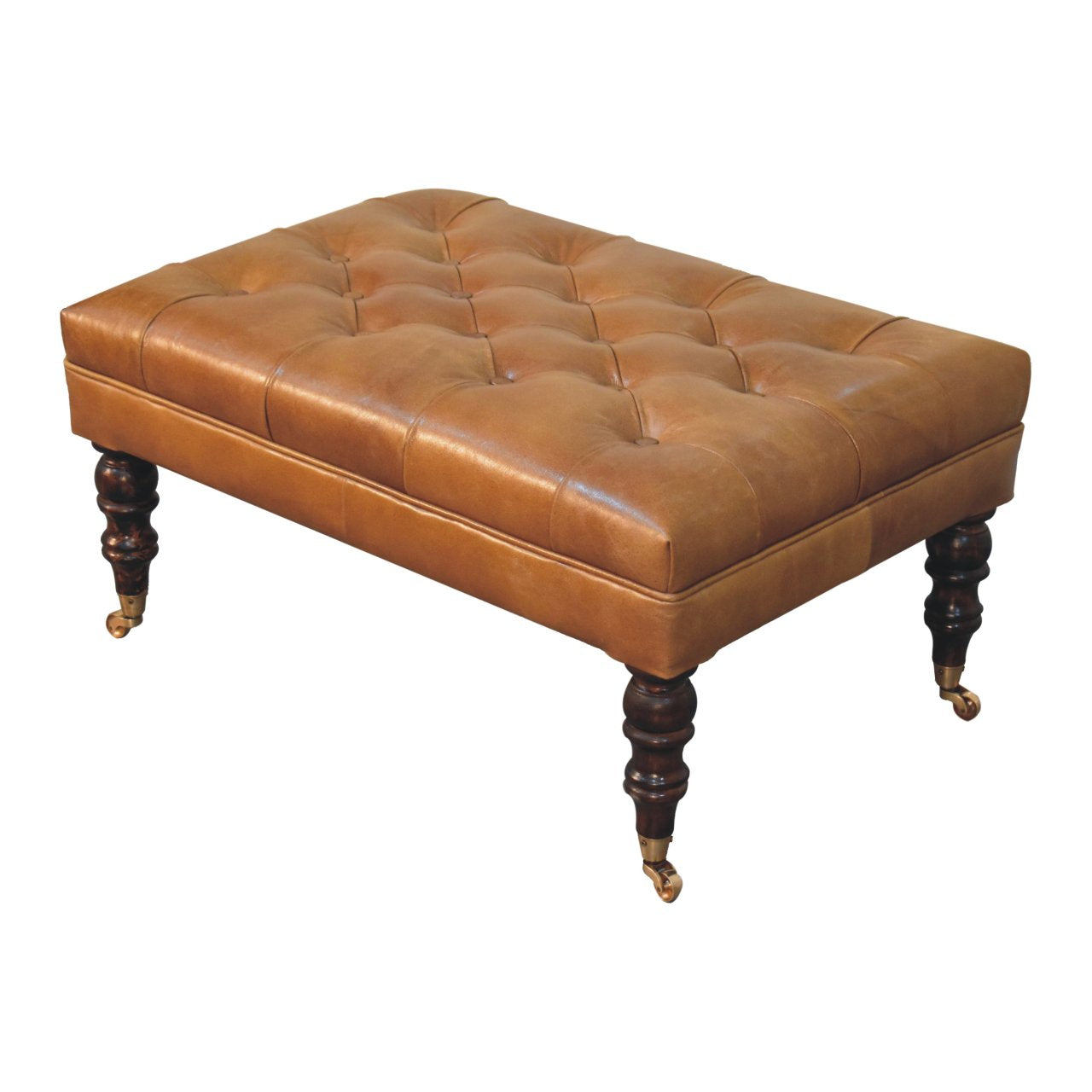 California Walnut Buffalo Brown Leather Ottoman with Castor Legs