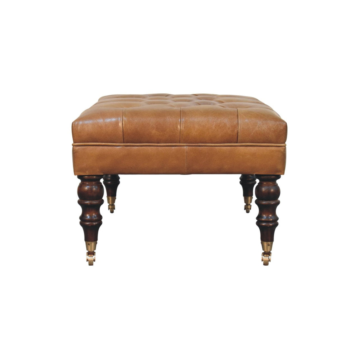 California Walnut Buffalo Brown Leather Ottoman with Castor Legs Storage Bench