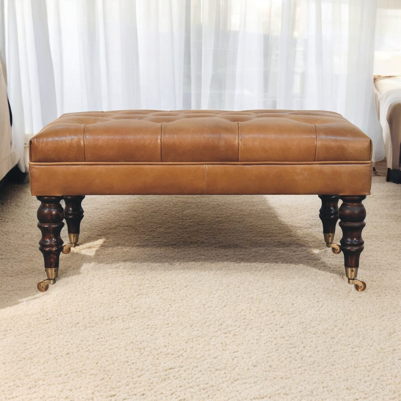 California Walnut Buffalo Brown Leather Ottoman with Castor Legs