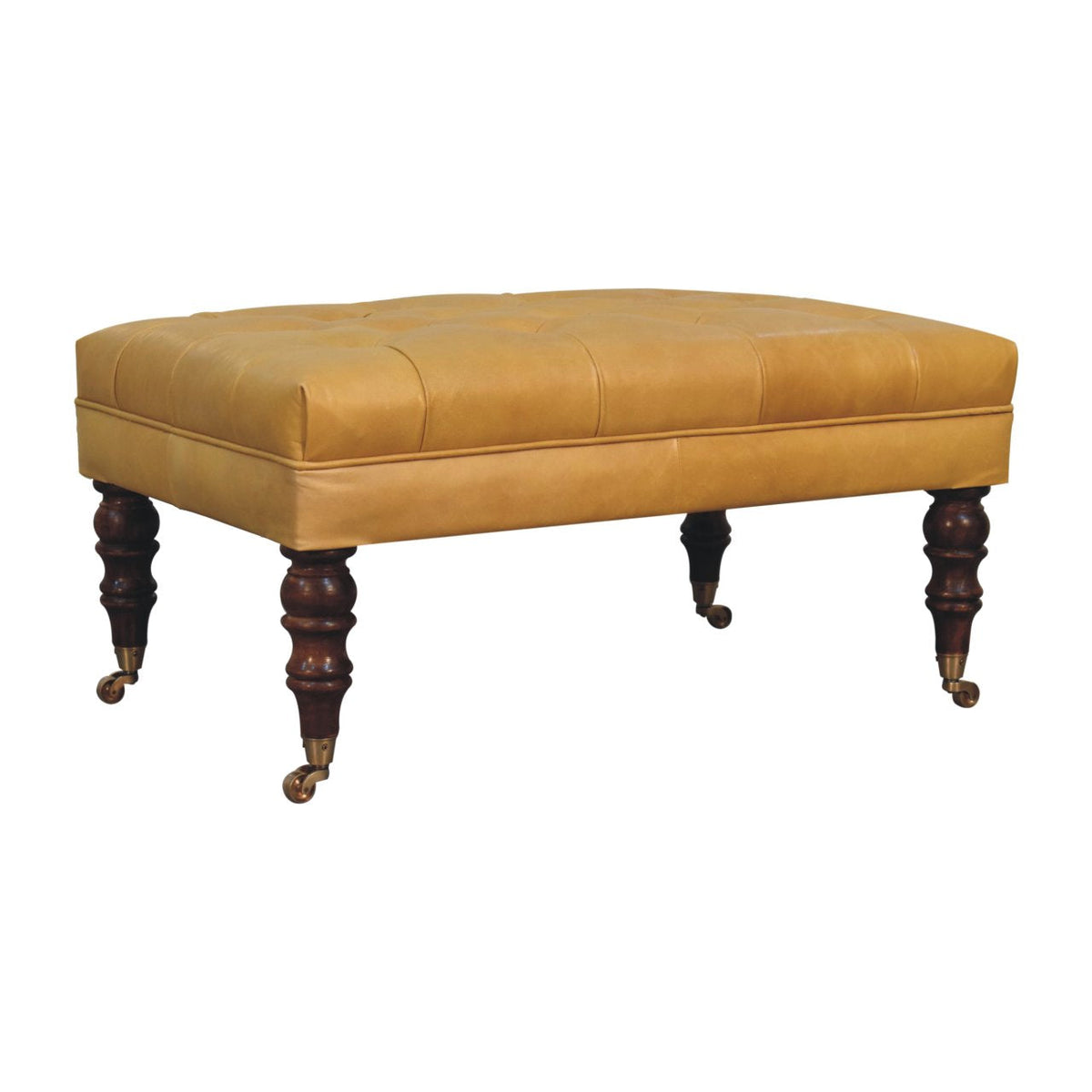 Honey Caramel Buffalo Tan Leather Ottoman with Castor Legs Storage Bench