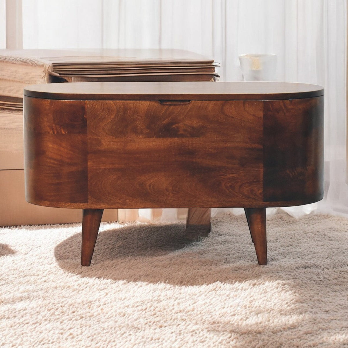 Curved California Walnut Blanket Box Storage Bench
