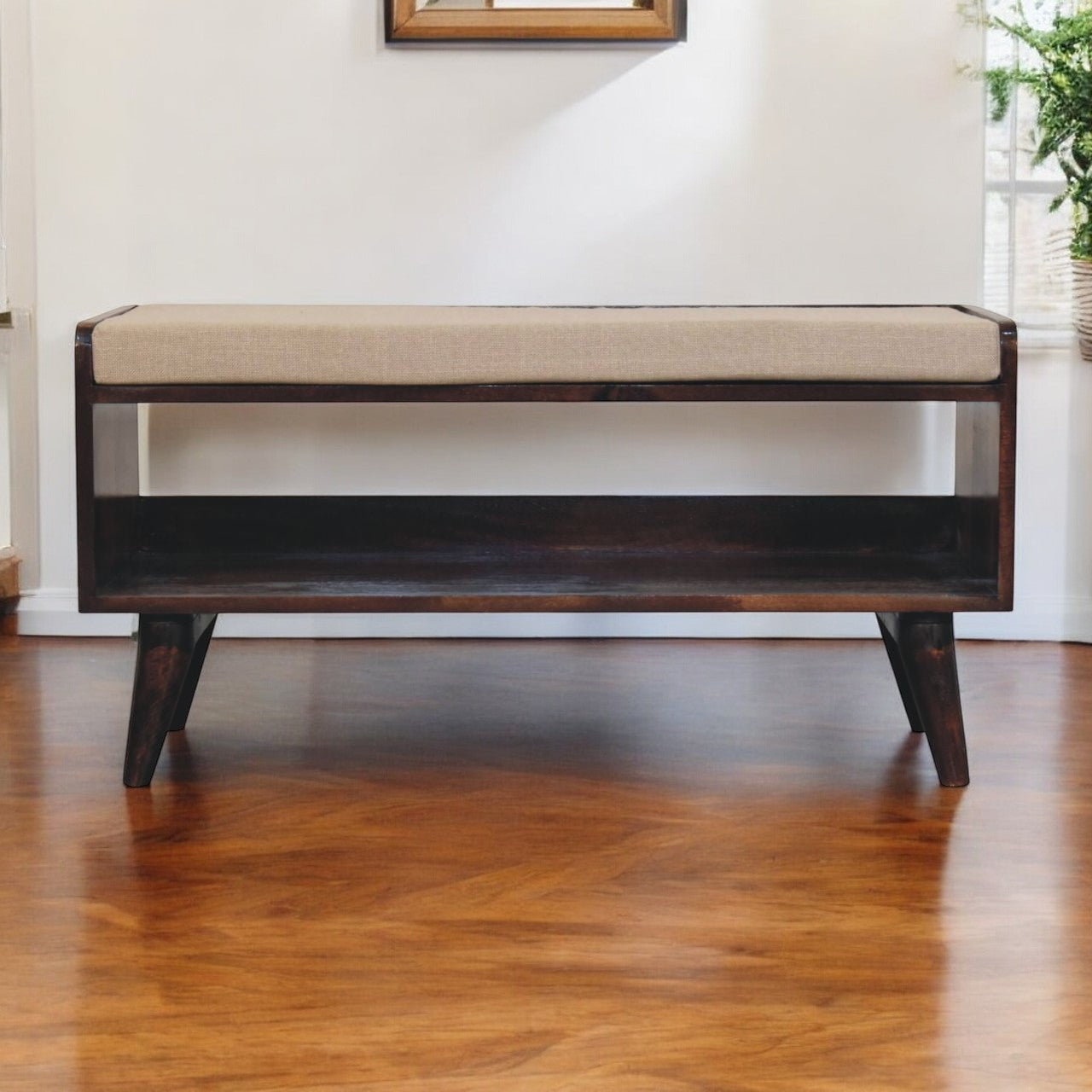 California Walnut bench with mud linen seat pad