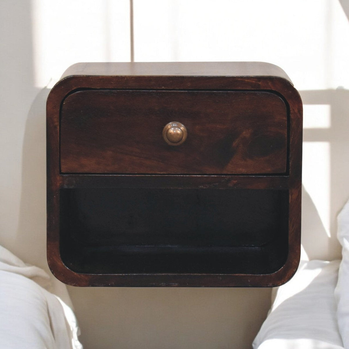 Mini Curved California Walnut Wall Mounted Bedside with Open Slot