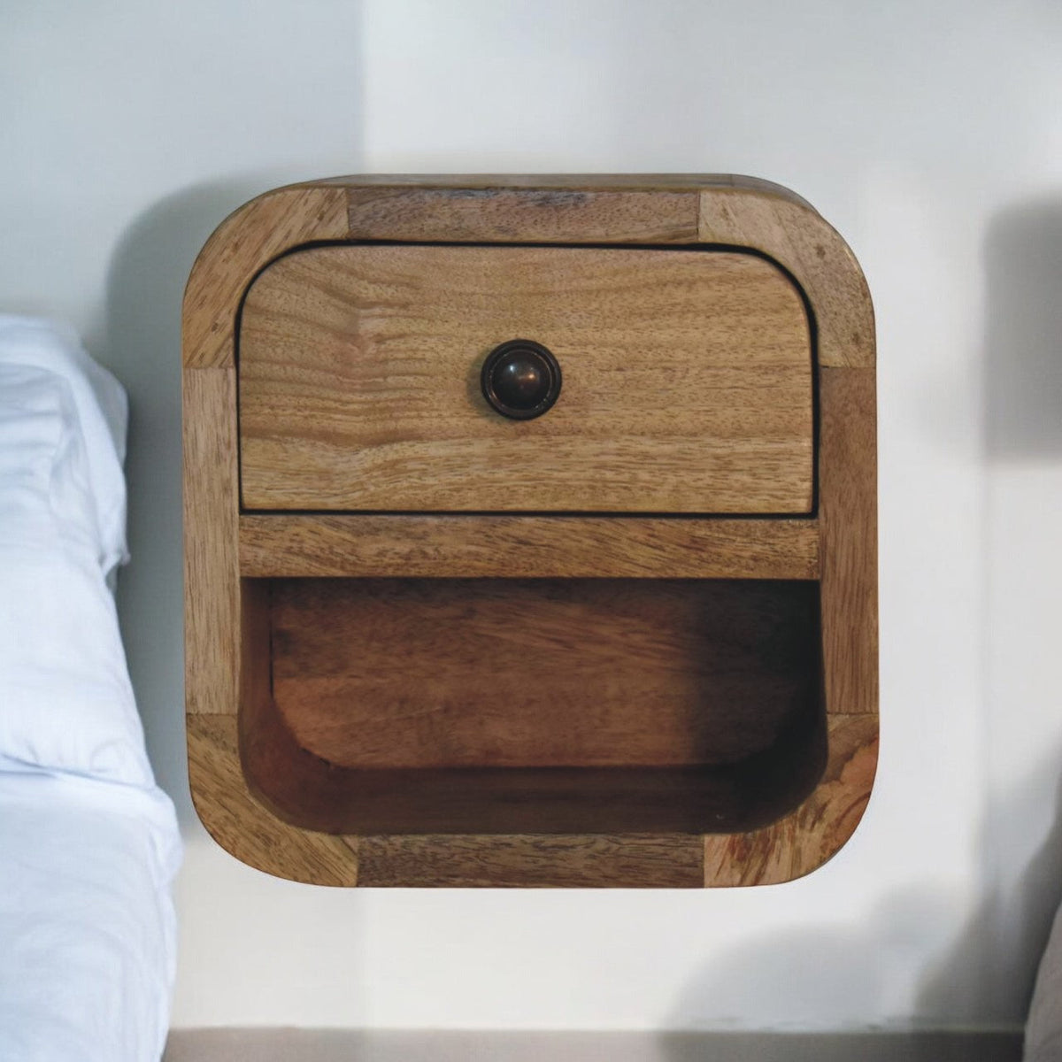 Extra Mini Curved Oak-ish Bedside with Open Slot Bedside Table