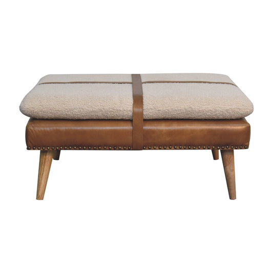 Large Square BouclÃ© Buffalo Hide Brown Leather Footstool
