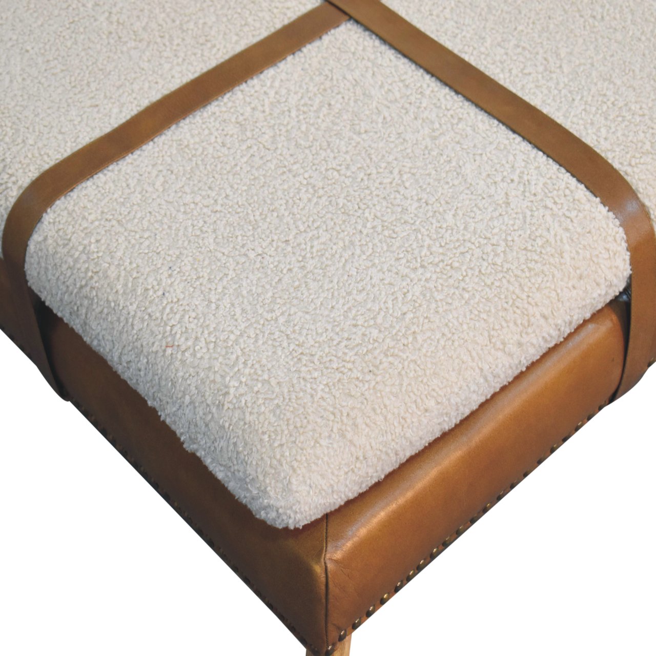 Large Square BouclÃ© Buffalo Hide Brown Leather Footstool