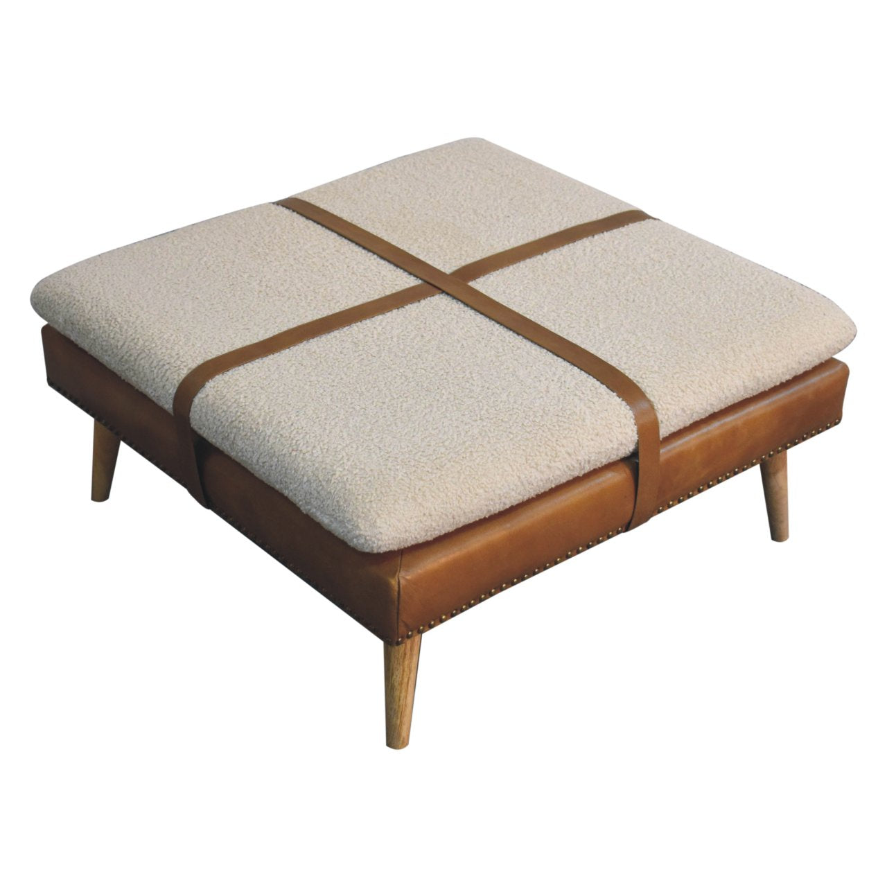 Large Square BouclÃ© Buffalo Hide Brown Leather Footstool