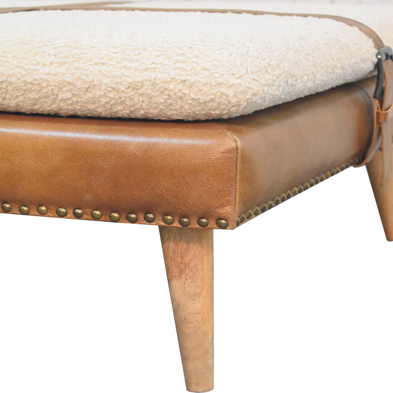 Large Square BouclÃ© Buffalo Hide Brown Leather Footstool