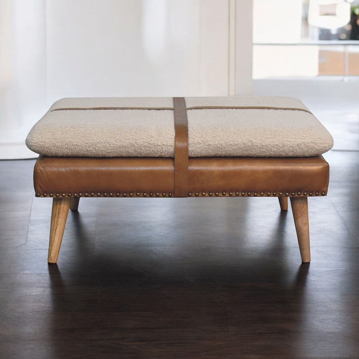 Large Square Bouclé Buffalo Hide Brown Leather Footstool