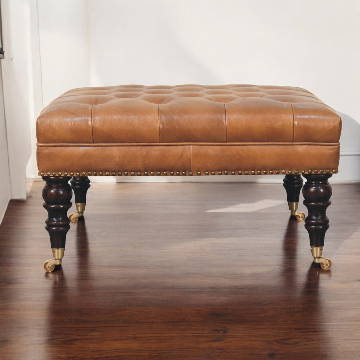 Studded Buffalo Tan Leather Ottoman with Castor Legs Storage Bench