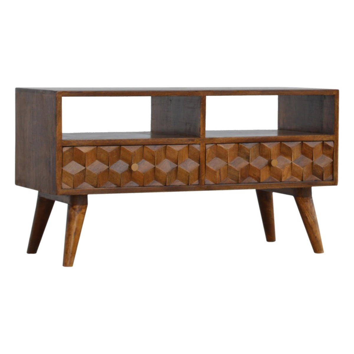 Chestnut Cube Carved TV Unit Chest of Drawers