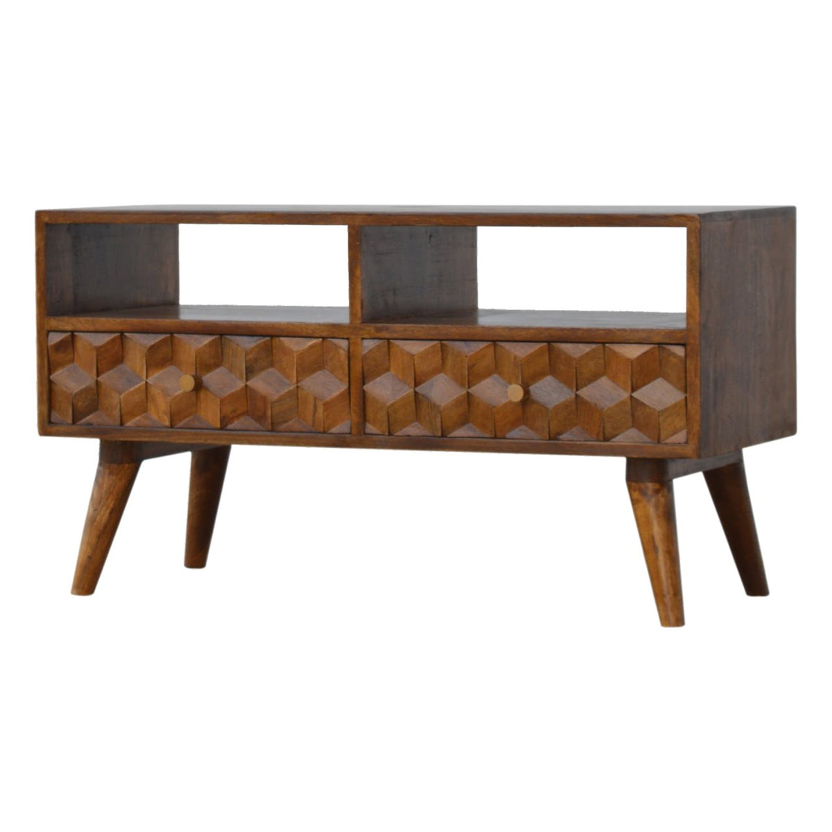 Chestnut Cube Carved TV Unit Chest of Drawers