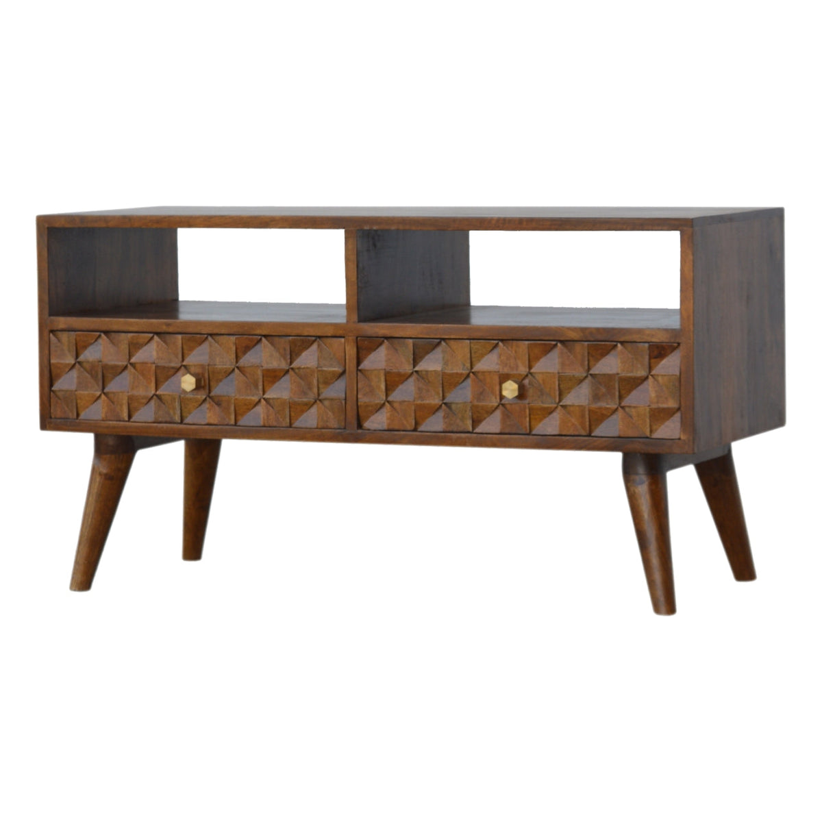 Chestnut Diamond Carved TV Unit Chest of Drawers
