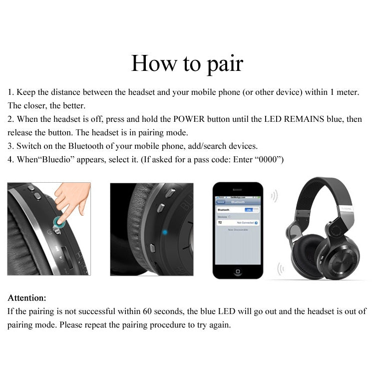 Bluedio T2+ Turbine Wireless Bluetooth 4.1 Stereo Headphones Headset with Mic & Micro SD Card Slot & FM Radio, For iPhone, Samsung, Huawei, Xiaomi, HTC and Other Smartphones, All Audio Devices(Black)