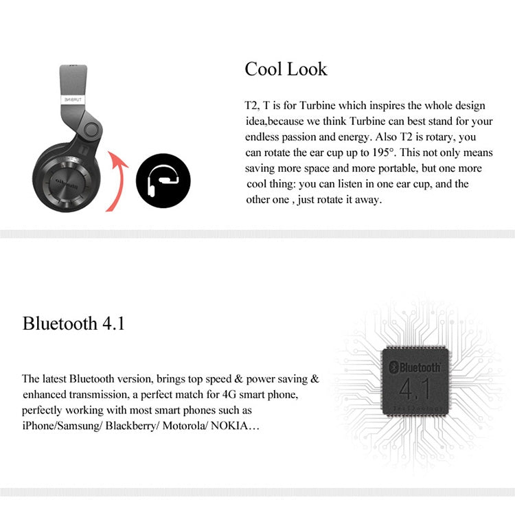 Bluedio T2+ Turbine Wireless Bluetooth 4.1 Stereo Headphones Headset with Mic & Micro SD Card Slot & FM Radio, For iPhone, Samsung, Huawei, Xiaomi, HTC and Other Smartphones, All Audio Devices(Black)