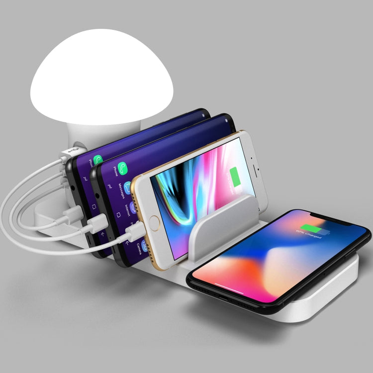 HQ-UD12 4-in-1 40W QC3.0 USB Charger & Wireless Charging Station with LED Light, 1.2m, UK Plug (White)