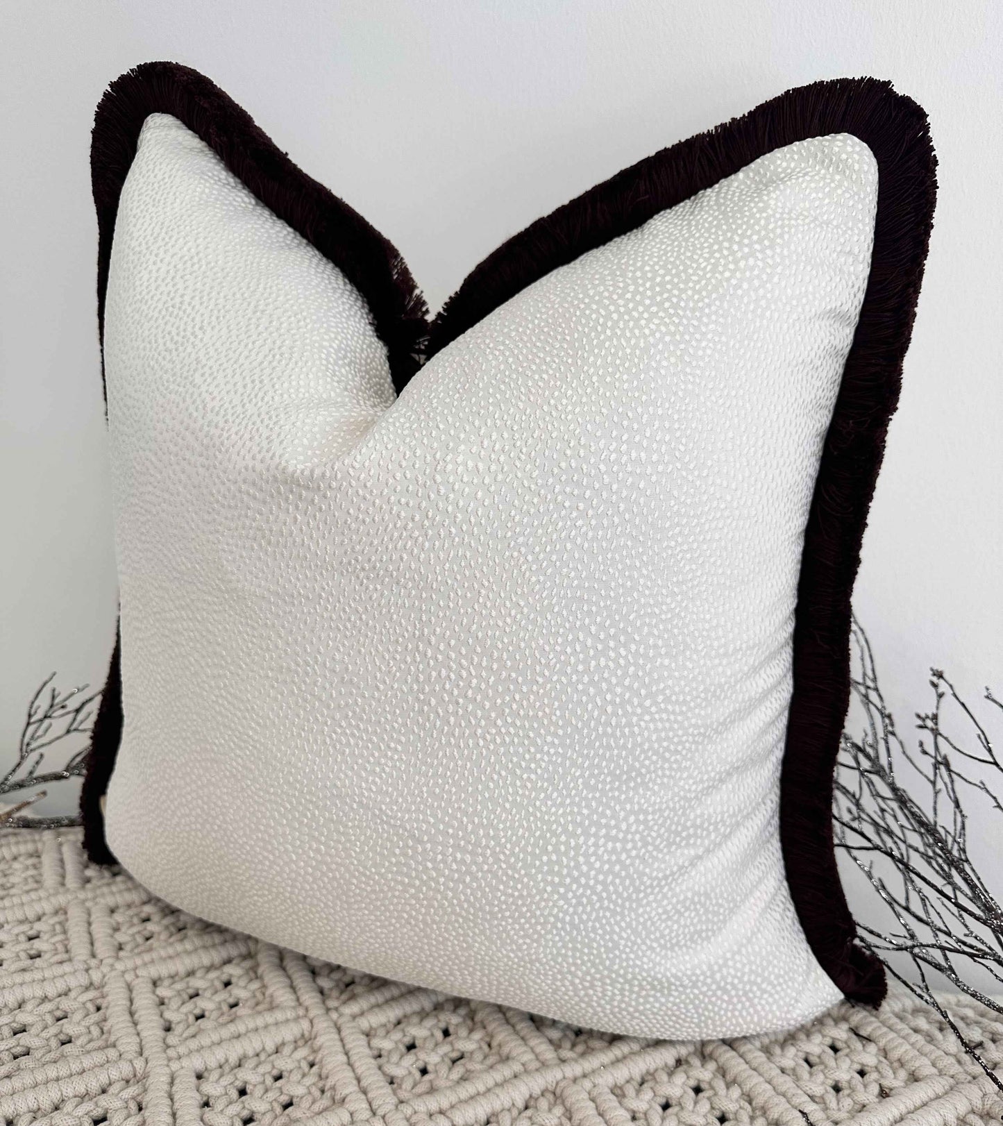 The Couture Cushion - The Ivory Borboletta Fringed in Mocha - Style No. 182