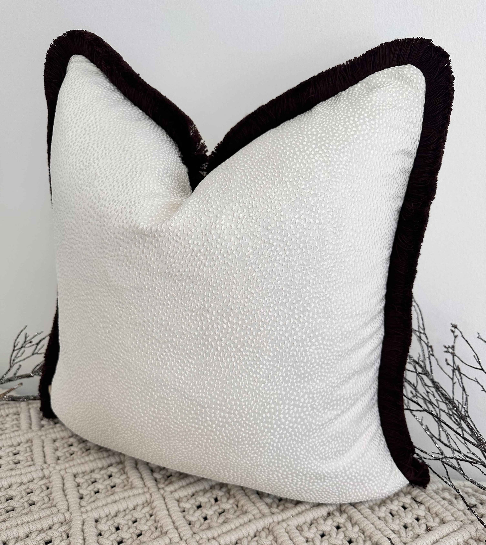 The Couture Cushion - The Ivory Borboletta Fringed in Mocha - Style No. 182