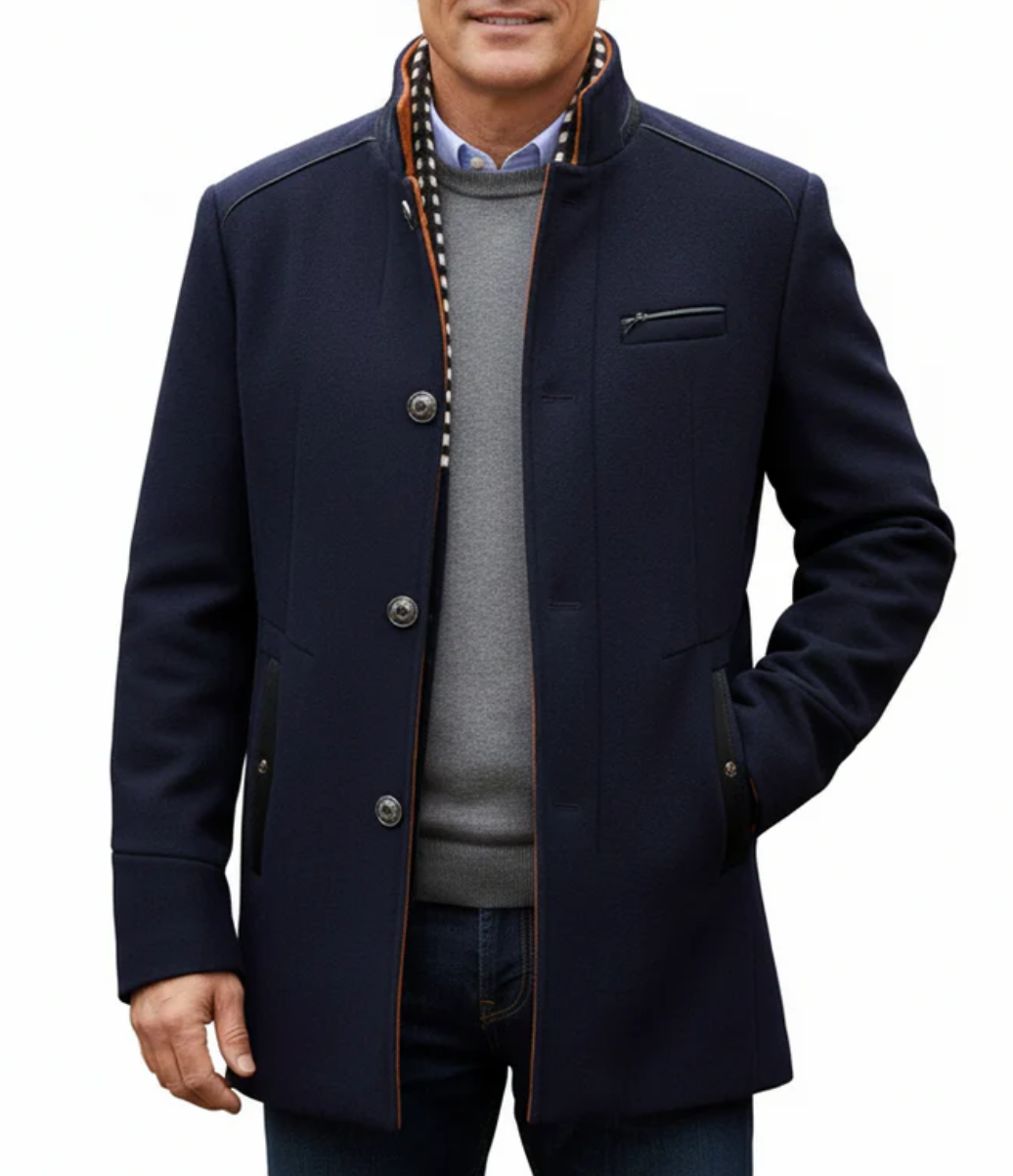 Mens Winter Wool Coat Thick Stand Collar With Scarf Navy Blue Size M, Biutimarden