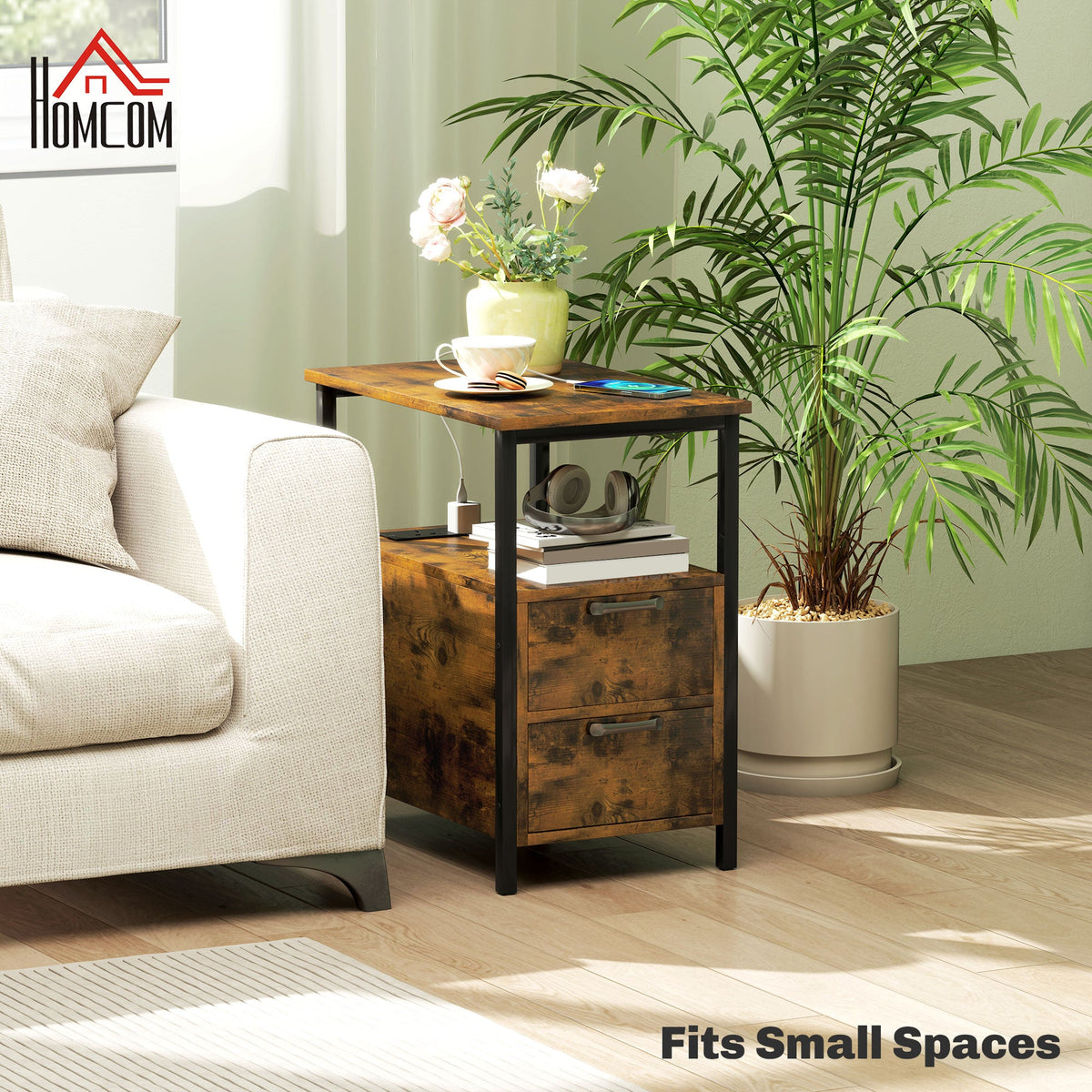 HOMCOM Bedside Table with Charging Station for Living Room, Rustic Brown