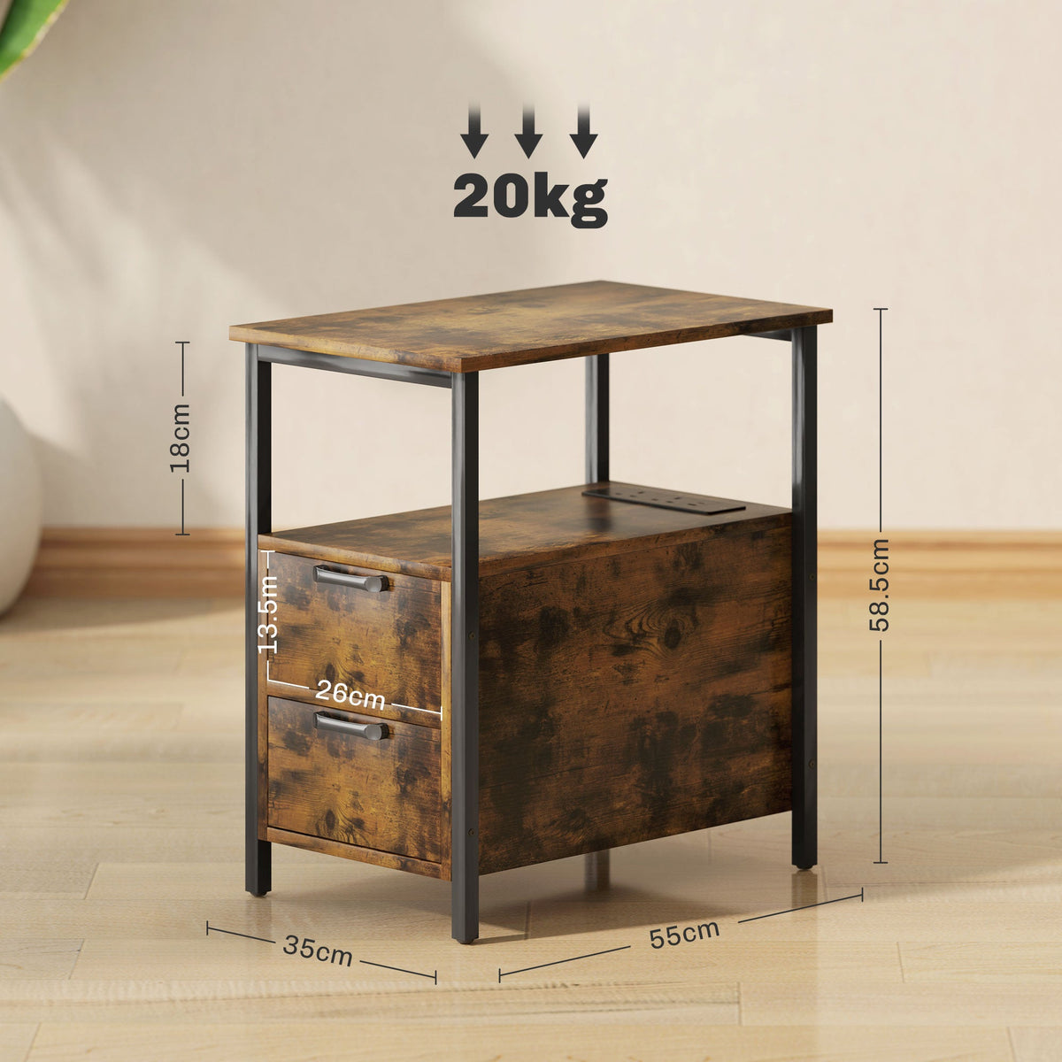 HOMCOM Bedside Table with Charging Station for Living Room, Rustic Brown