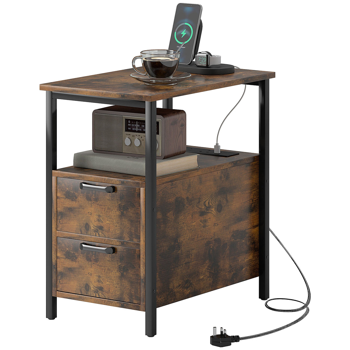 HOMCOM Bedside Table with Charging Station for Living Room, Rustic Brown