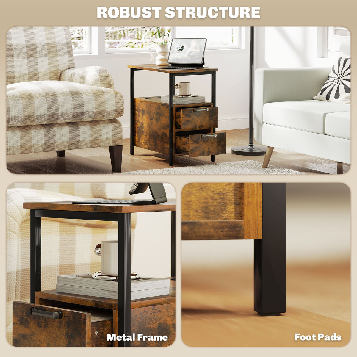HOMCOM Bedside Table with Charging Station for Living Room, Rustic Brown