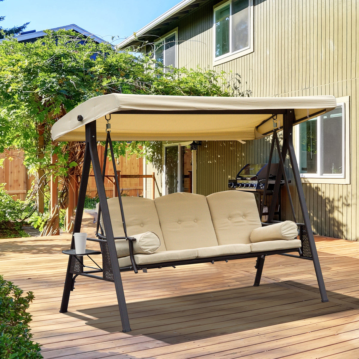 Steel Swing Chair Hammock Garden 3 Seater Canopy Cushion Shelter Beige