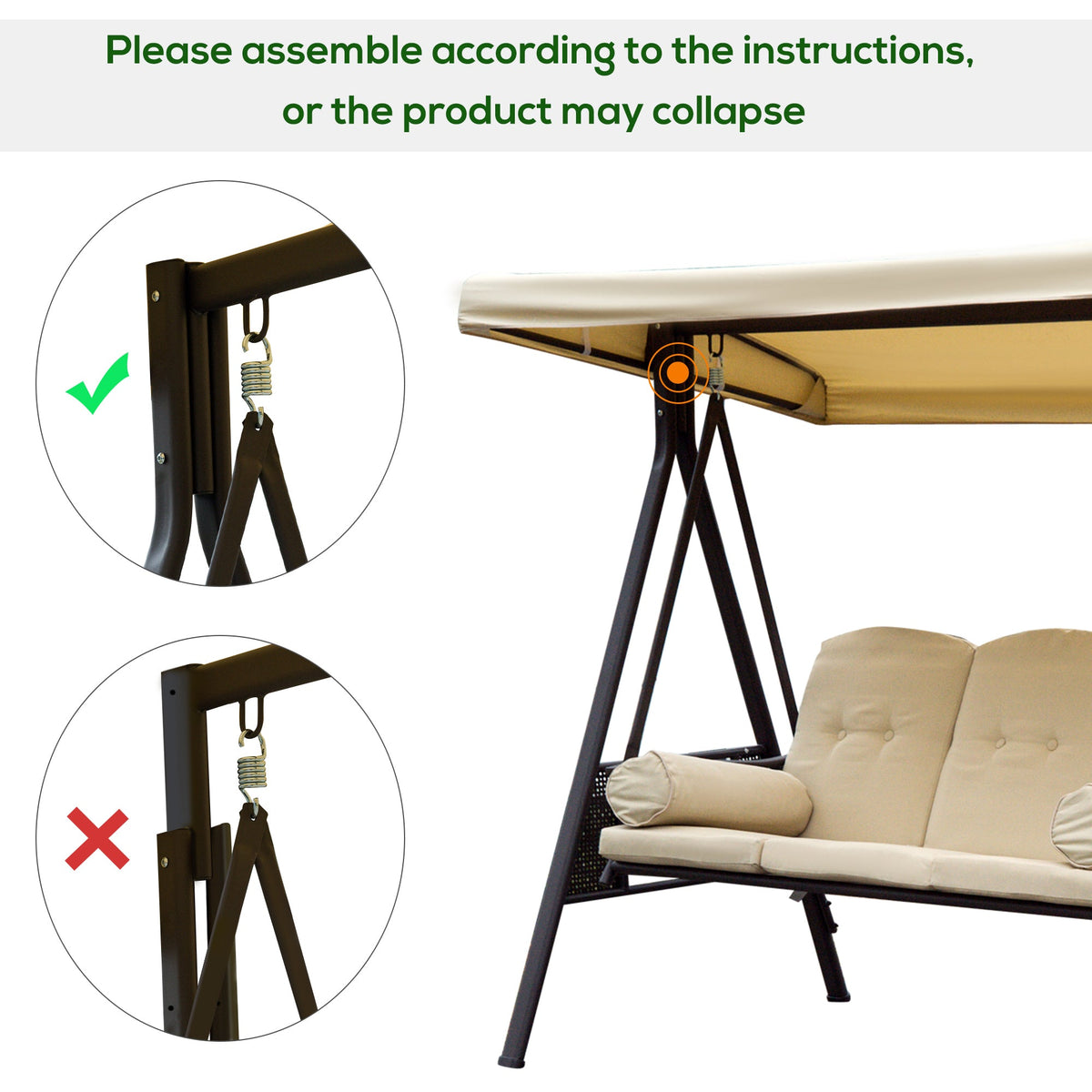 Steel Swing Chair Hammock Garden 3 Seater Canopy Cushion Shelter Beige