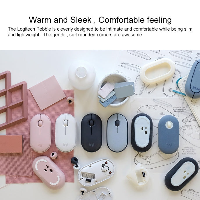 Logitech Pebble Cobblestone Shape Thin 3-keys 1000DPI Mute Wireless Bluetooth Optical Mouse, Wireless Range: 10m (White)