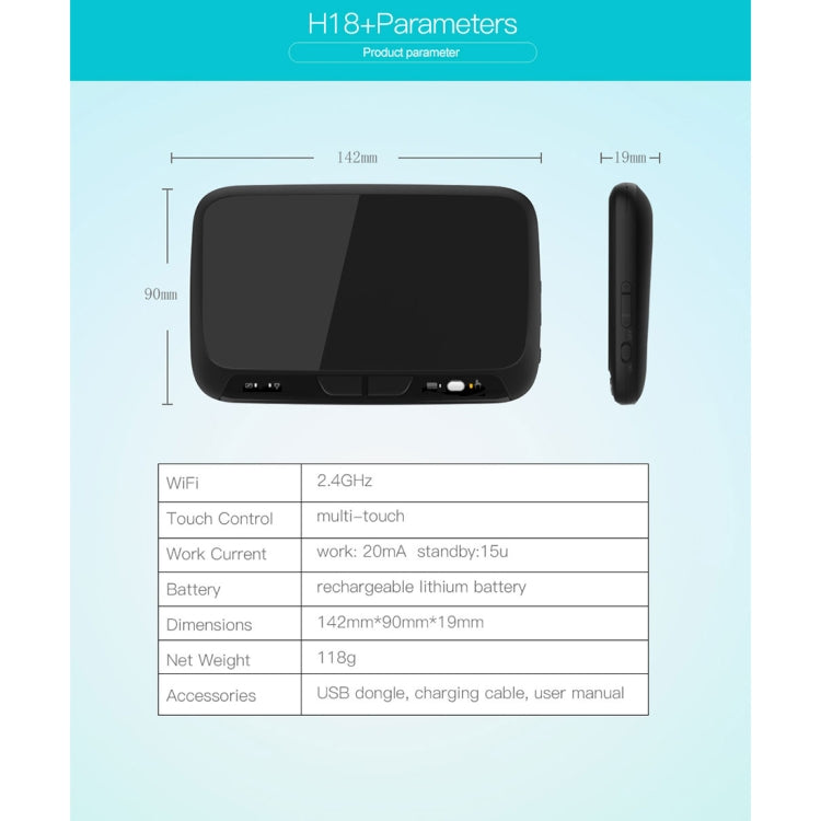 H18+ 2.4GHz Mini Wireless Keyboard Full Touchpad with 3-Level Adjustable Backlight(Black)