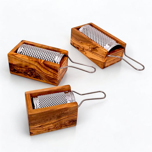 Olive Wood Cheese Grater with Box | Stainless Steel Handheld Rotary Shredder