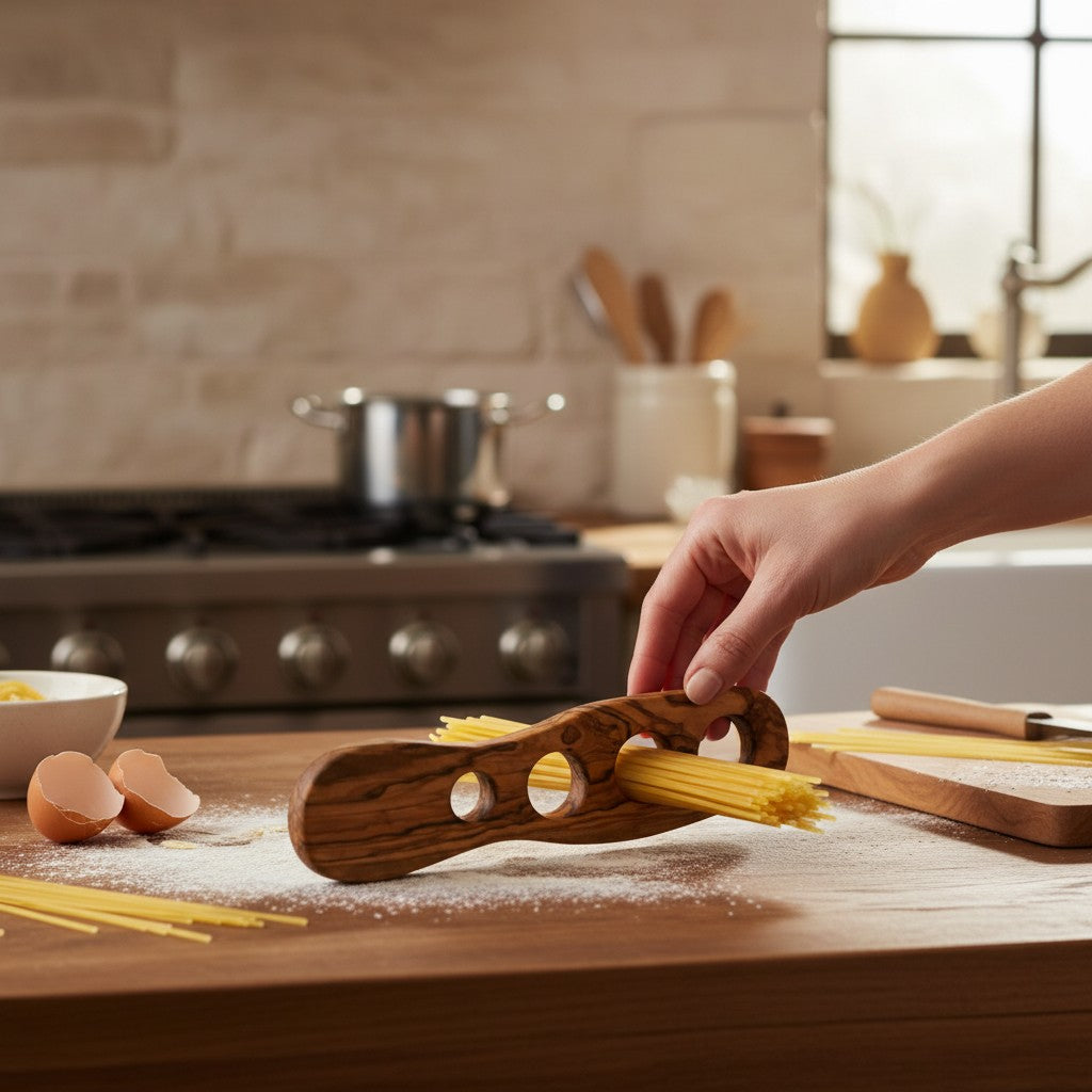 Handcrafted Olive Wood Spaghetti Measure - 4 Hole Pasta Portioning Gadget