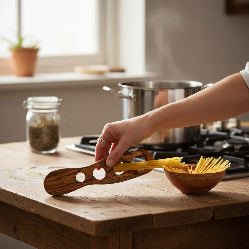 Handcrafted Olive Wood Spaghetti Measure - 4 Hole Pasta Portioning Gadget