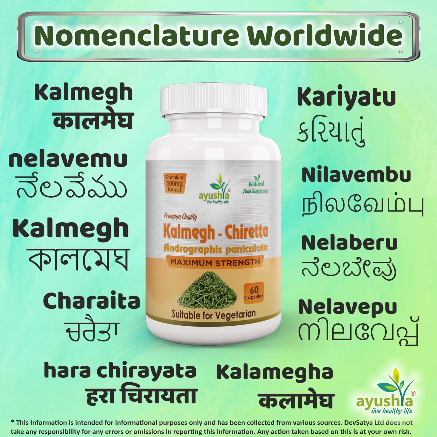 Ayushya Andrographis Kalmegh Chirata Capsules Liver & Immune Wellness Support - Vegan, Gluten Free, Non-GMO, 60 Capsules
